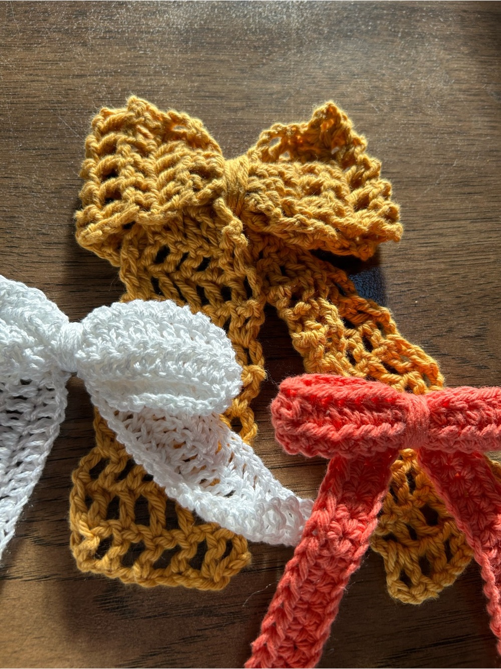 Crochet Bow Headband for Kids — Mustard, White & Coral